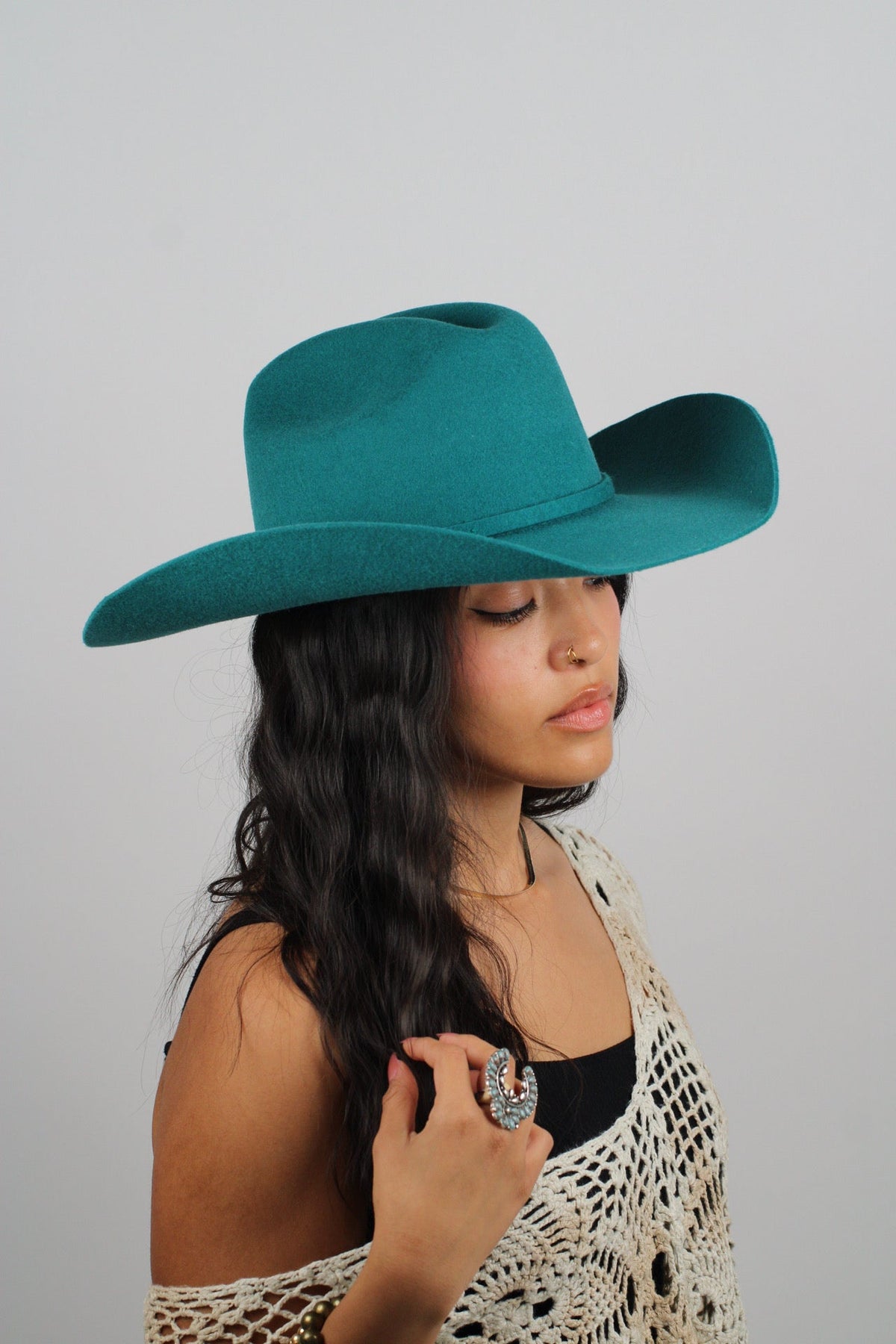 Turquoise merino wool cattleman cowboy hat with a curved brim, view 2