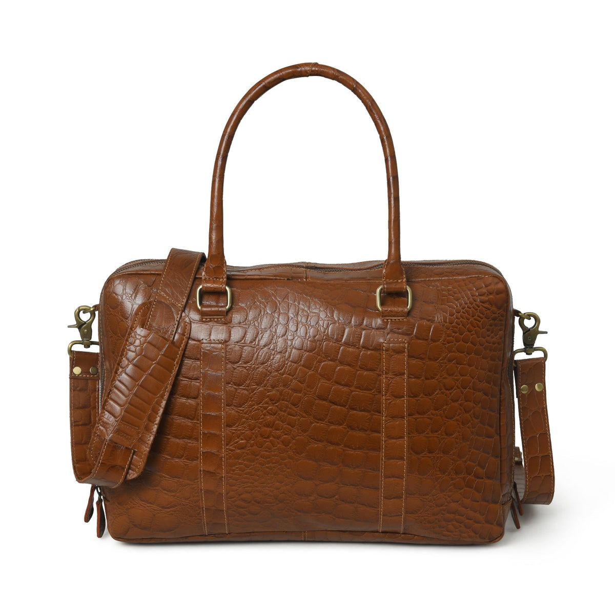 Brown crocodile-pattern buffalo leather laptop briefcase with shoulder strap