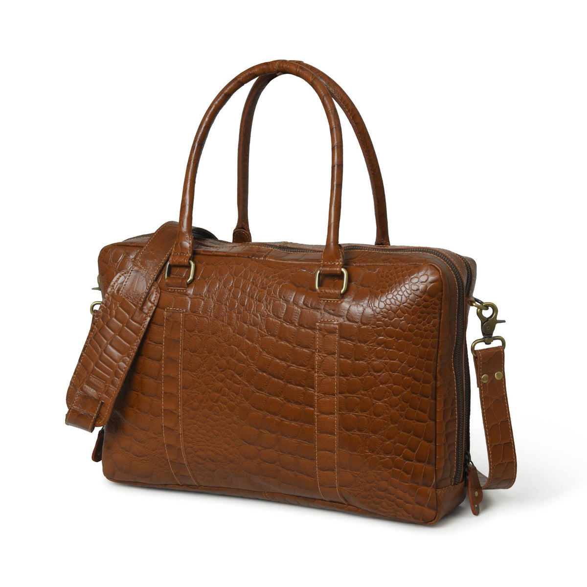 Brown crocodile-pattern buffalo leather laptop briefcase with shoulder strap, view 4
