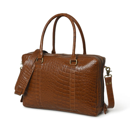 Brown crocodile-pattern buffalo leather laptop briefcase with shoulder strap, view 4