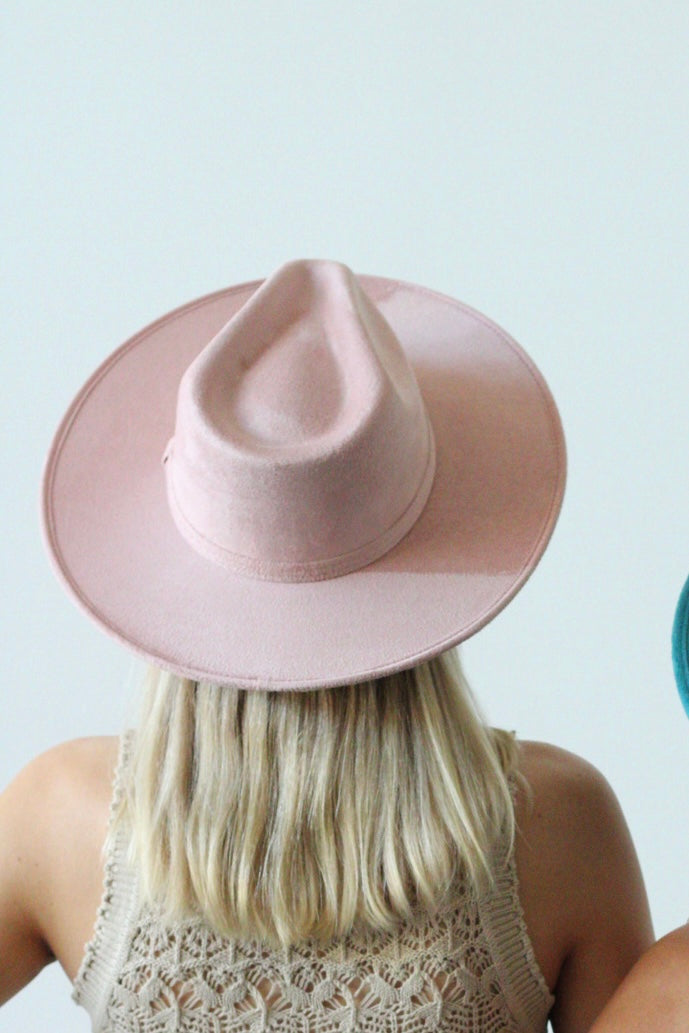Pale dusty rose vegan suede rancher hat with a flat 3-inch brim, view 2