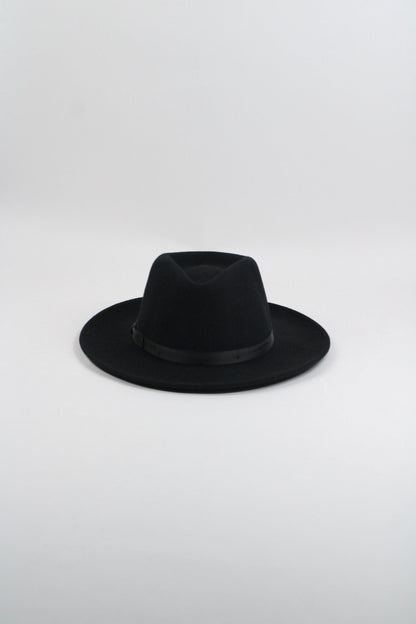 Black wool felt hat with a teardrop crown and a 3-inch curved brim