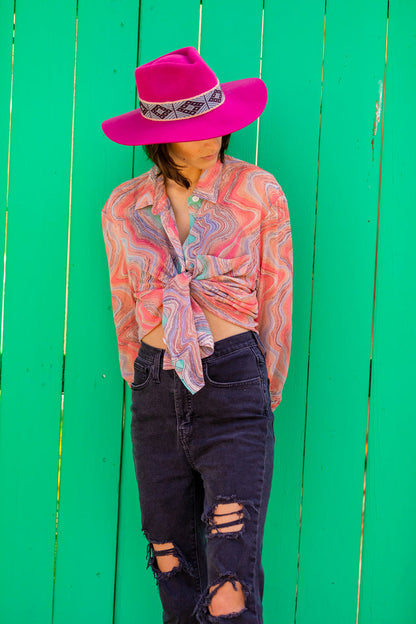 Berry red alpaca wool felt Western hat with a woven hat band, view 2