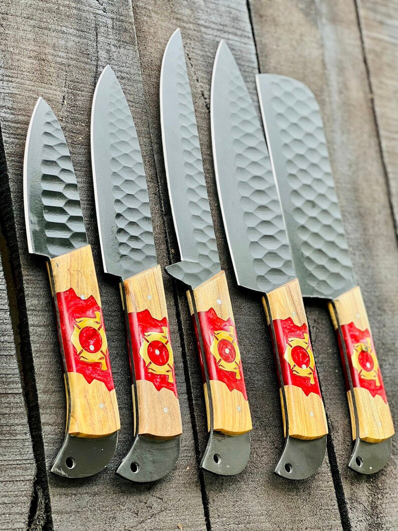 Stainless Steel Knife Set – 13" Forged Blades with Olivewood & Epoxy Resin Handles
