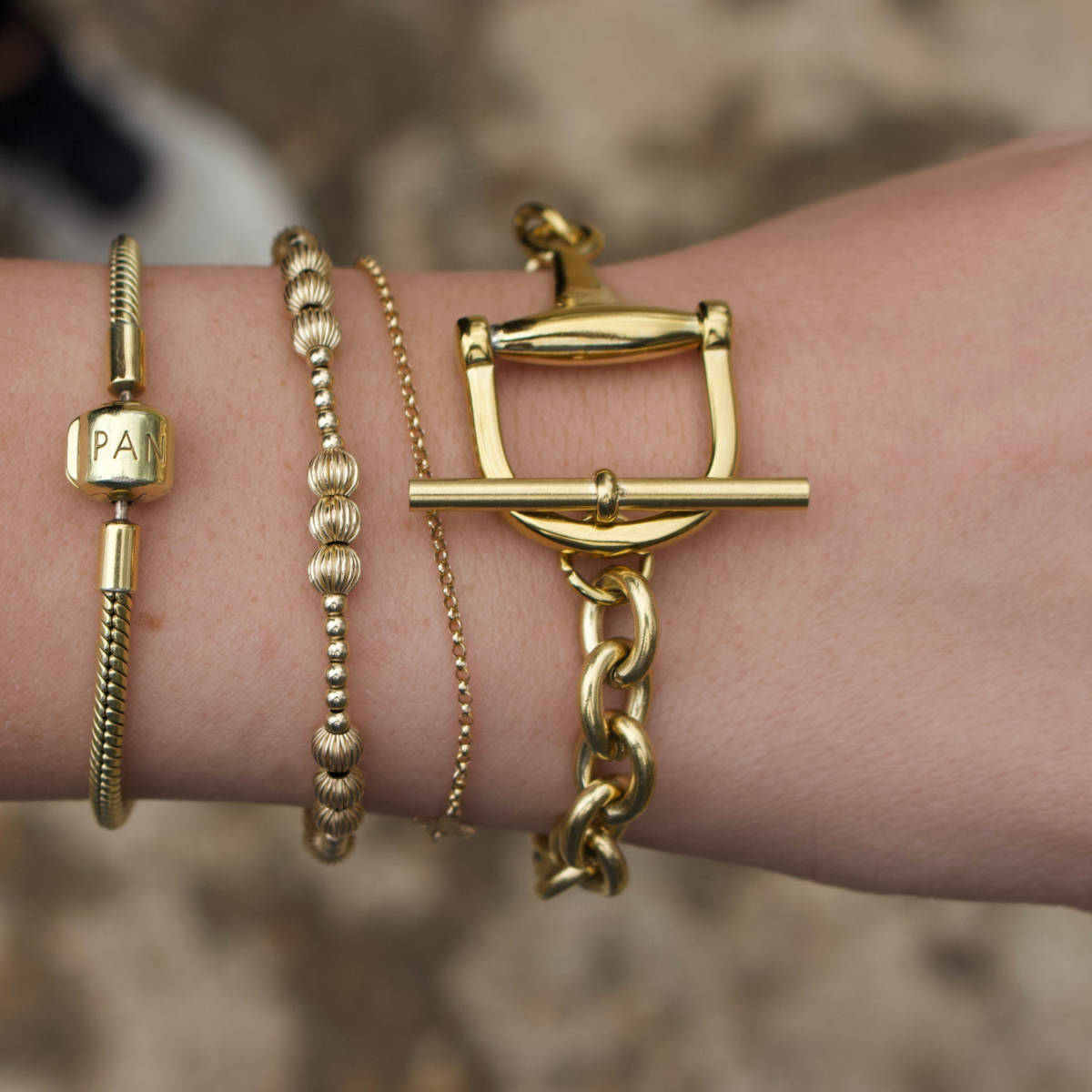 Gold horse bit toggle bracelet, view 3