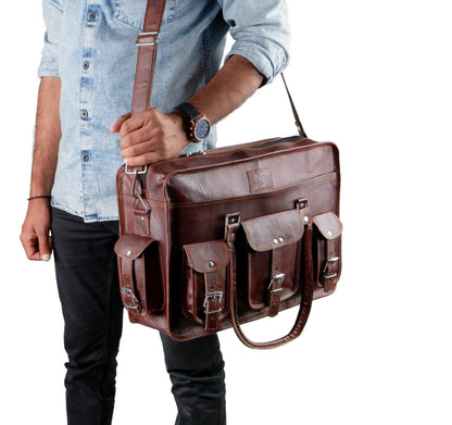 Goat leather laptop briefcase with nickel hardware and shoulder strap, view 2