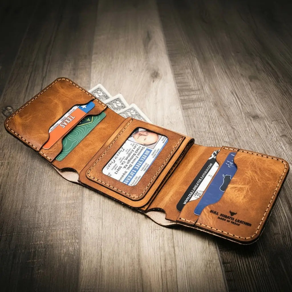 Saddle tan leather trifold badge wallet open to show badge slot and ID window, view 2