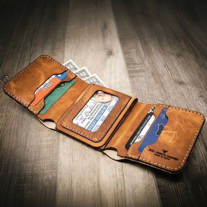 Saddle tan leather trifold badge wallet open to show badge slot and ID window, view 2