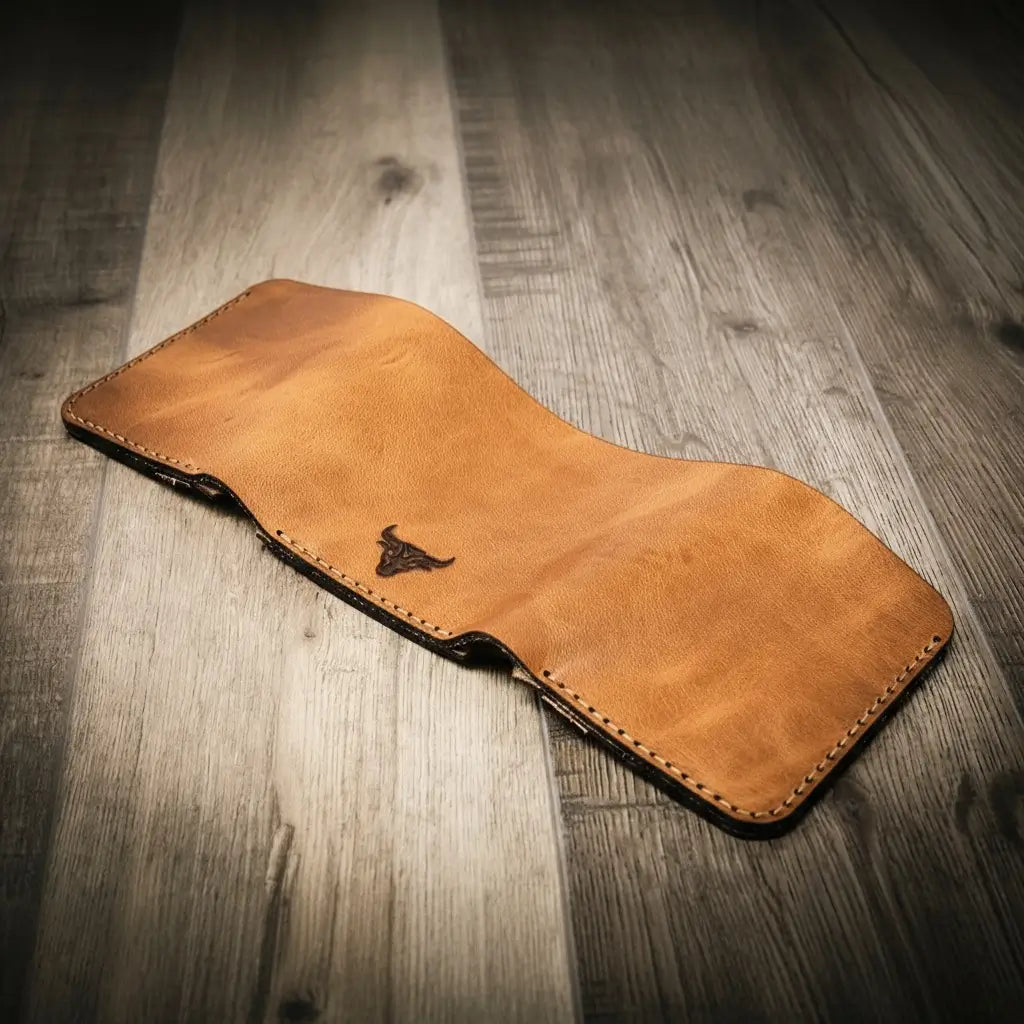Saddle tan Horween leather trifold wallet with card slots, view 4