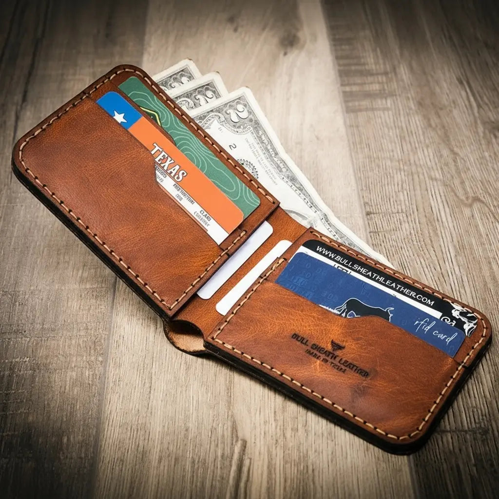Western medallion full-grain leather bifold wallet by Bull Sheath, view 12