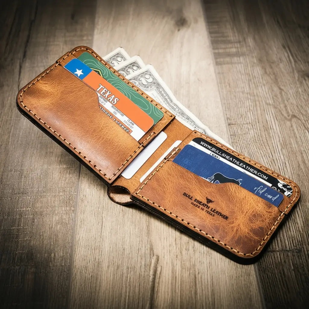 Western medallion full-grain leather bifold wallet by Bull Sheath, view 2