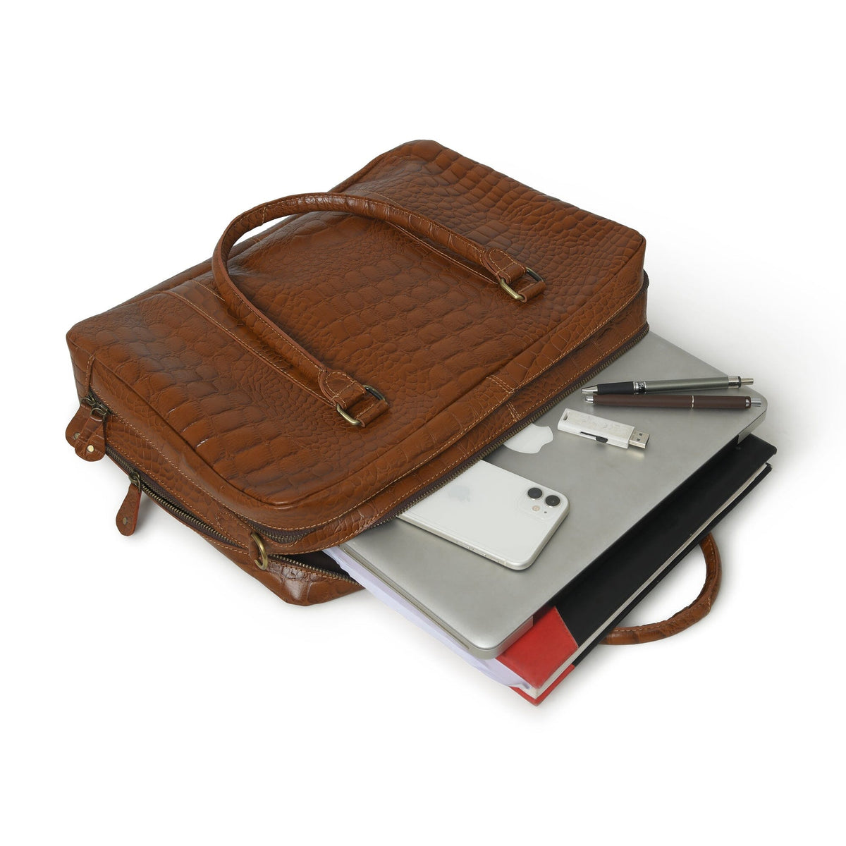 Brown crocodile-pattern buffalo leather laptop briefcase with shoulder strap, view 3