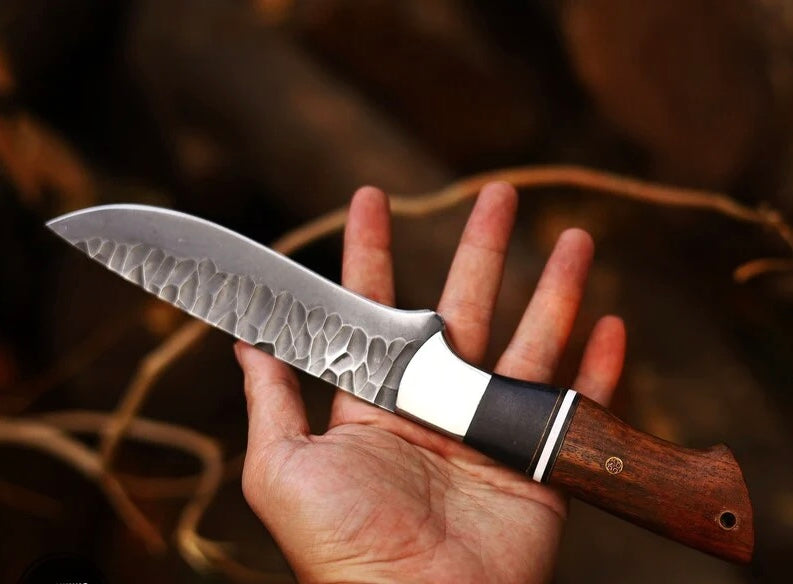J2 steel hunting knife with rosewood handle, steel bolster and leather sheath