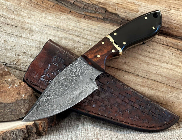 Damascus Skinning Knife, Buffalo Horn and Rosewood by Texan Knives, view 3
