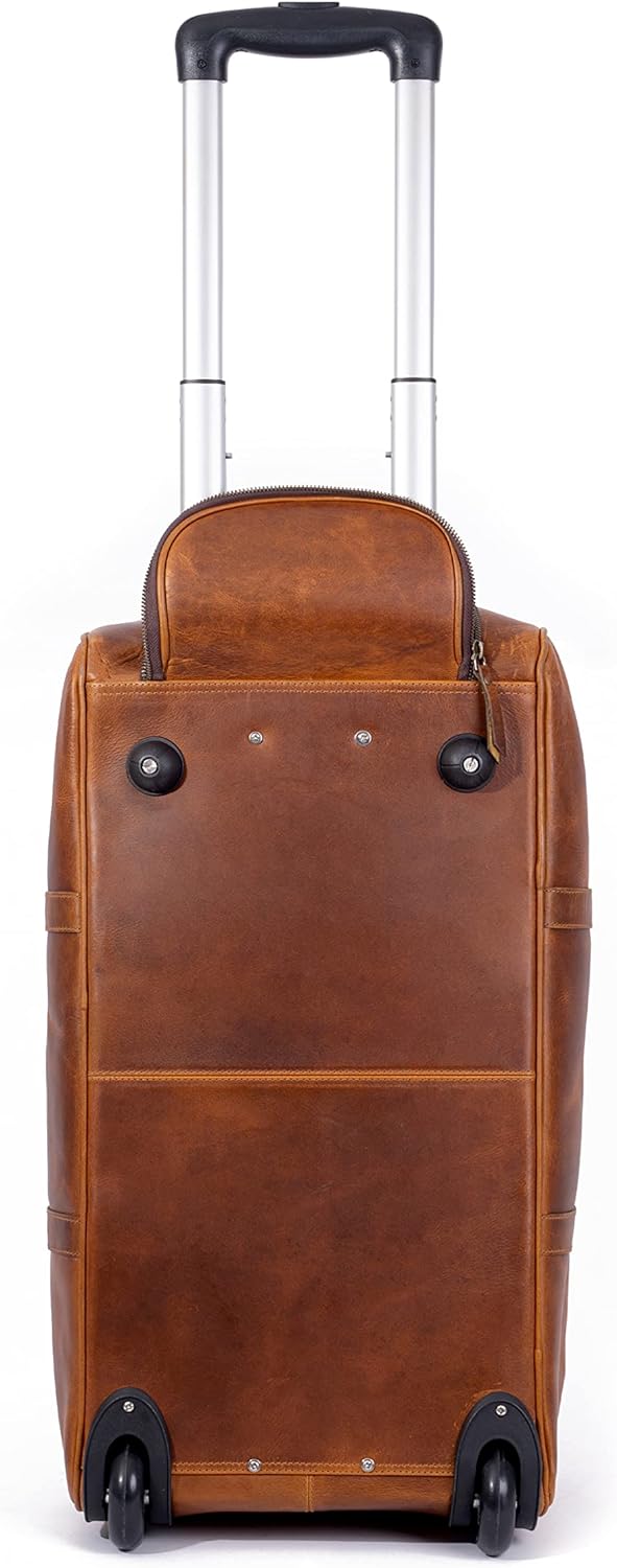 Tan buffalo leather trolley bag with wheels and top handle, view 4