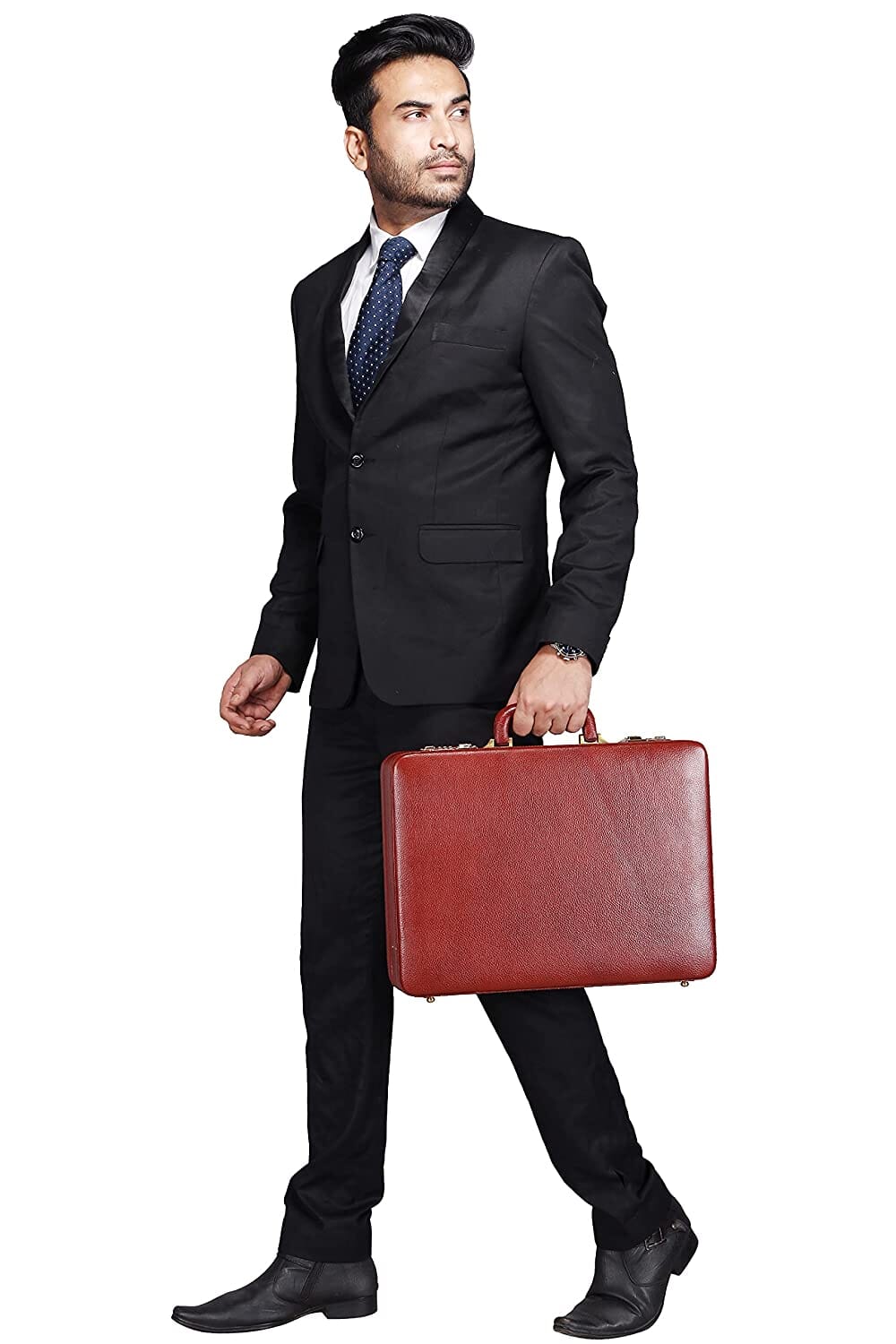 Full-grain leather expandable briefcase with dual combination locks, view 2