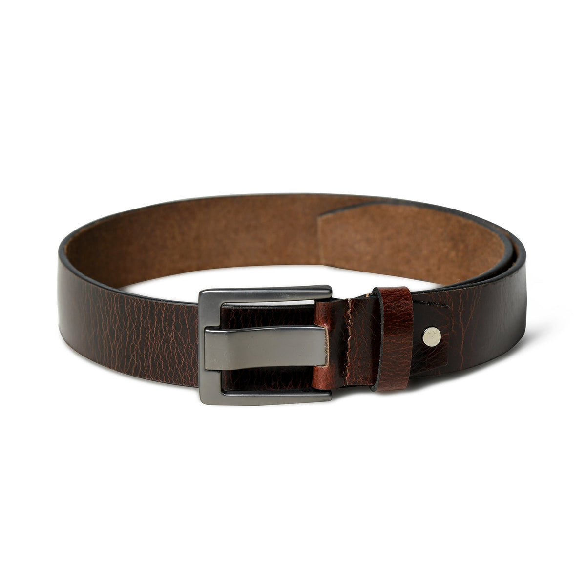 Glossy dark brown leather belt with metal buckle, view 4