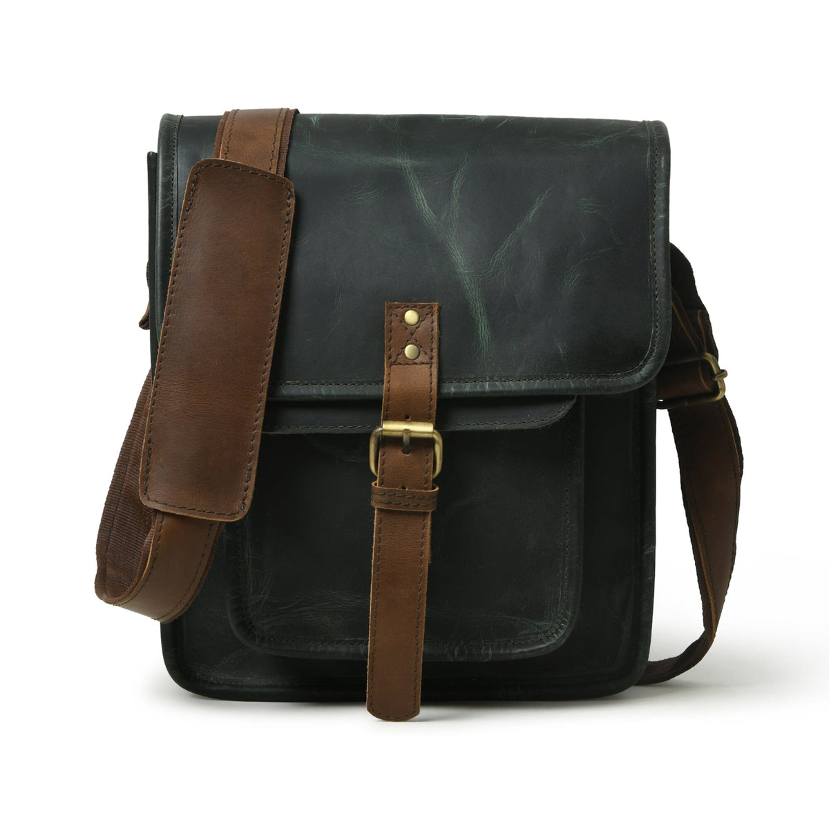 Green buffalo leather messenger bag with brown accents and brass push clips, view 3