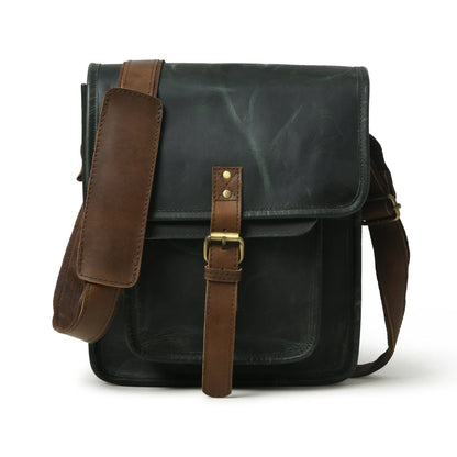 Green buffalo leather messenger bag with brown accents and brass push clips, view 3