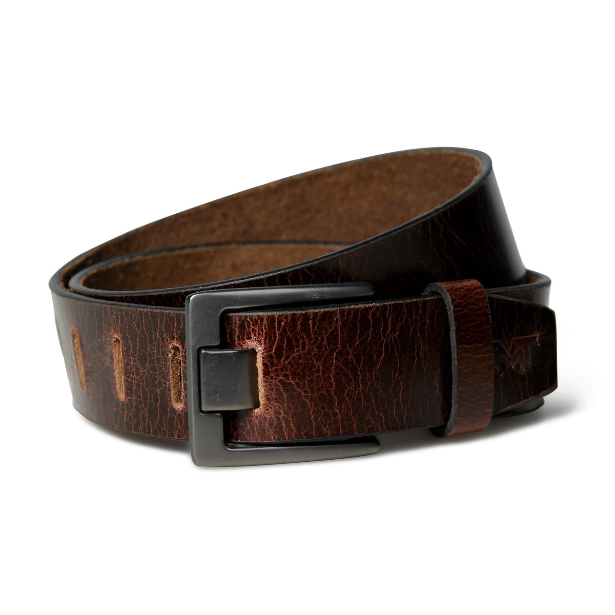 Glossy dark brown leather belt with metal buckle, view 3