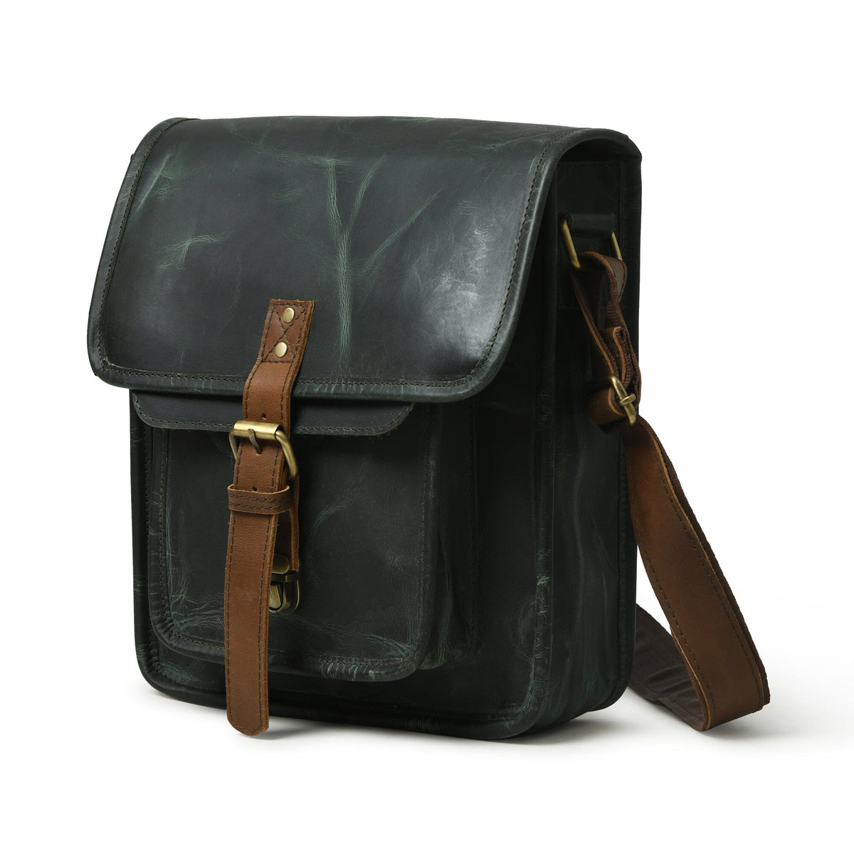 Green buffalo leather messenger bag with brown accents and brass push clips