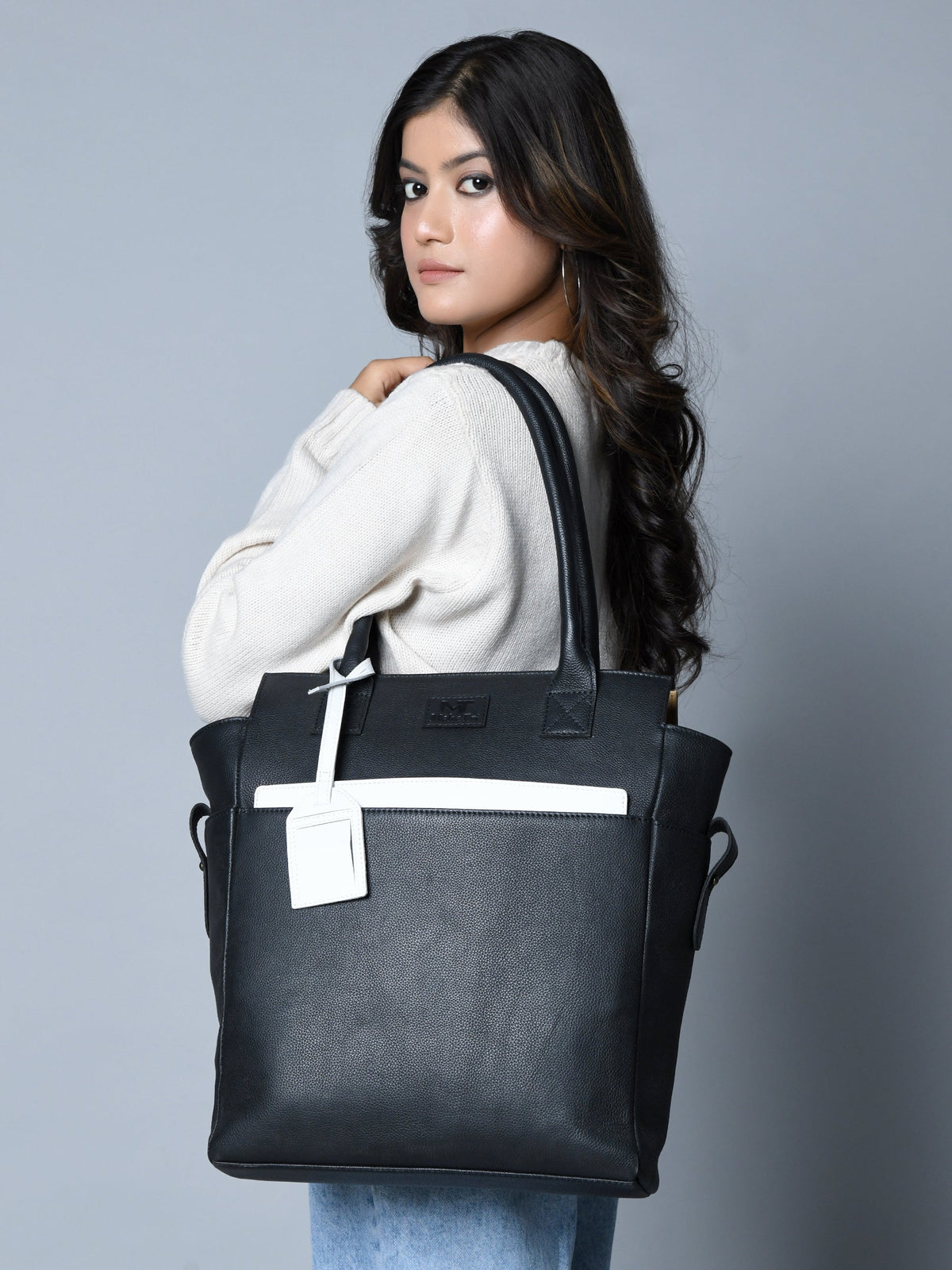 Black Leather Shopper Tote by Classy Leather Bags