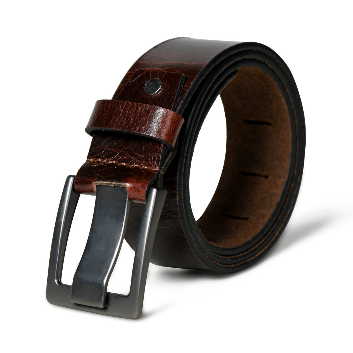 Glossy dark brown leather belt with metal buckle