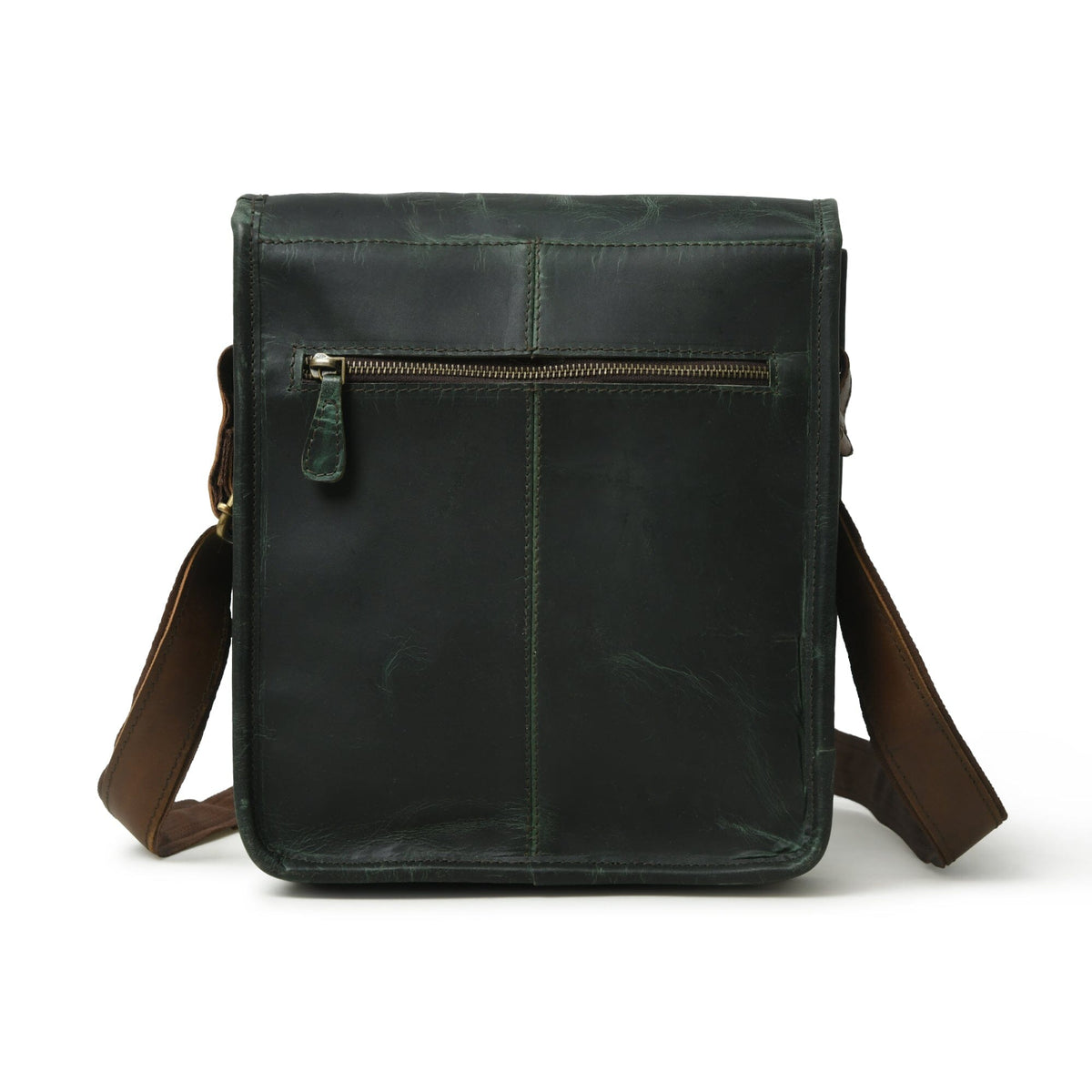 Green buffalo leather messenger bag with brown accents and brass push clips, view 4