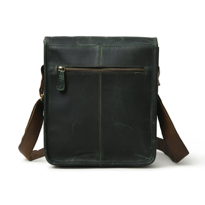 Green buffalo leather messenger bag with brown accents and brass push clips, view 4
