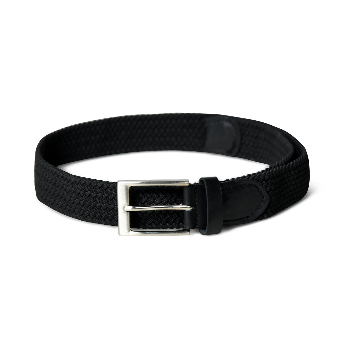 Black braided canvas and leather belt with buckle, view 3