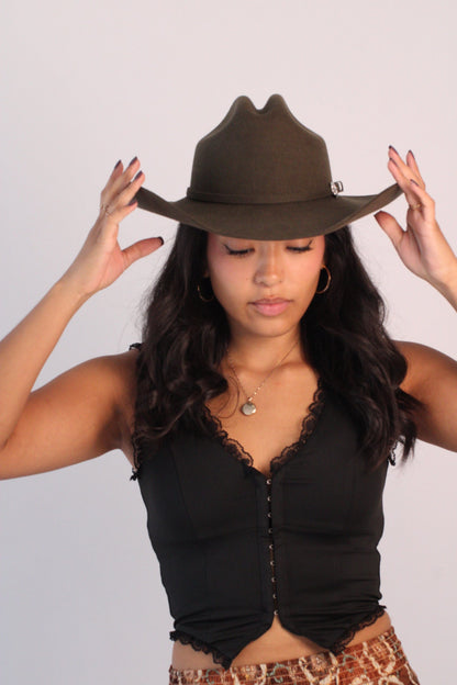Dark olive merino wool cattleman cowboy hat with a curved brim, view 2