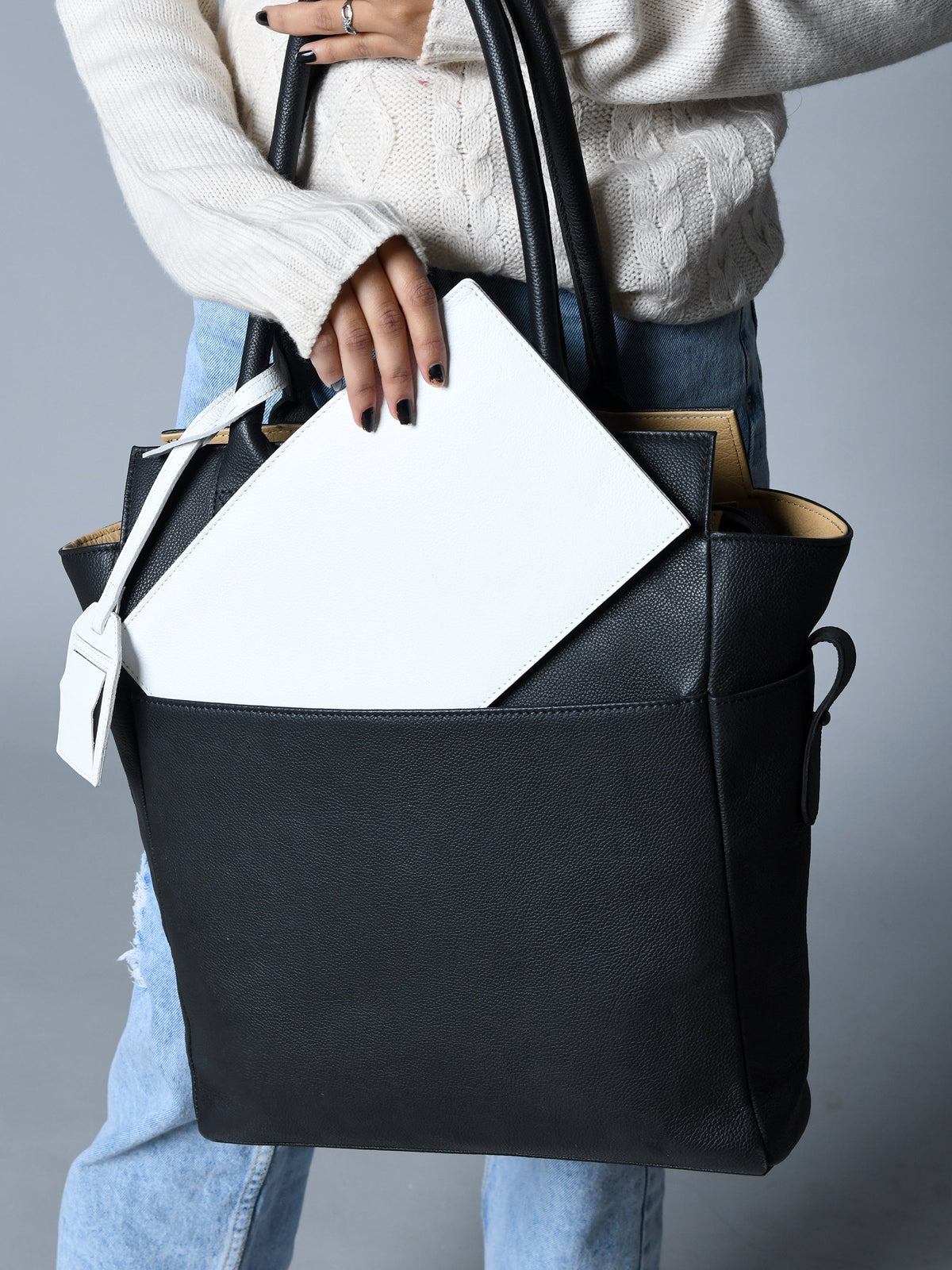 Black buffalo leather shopper tote with shoulder handles, view 2