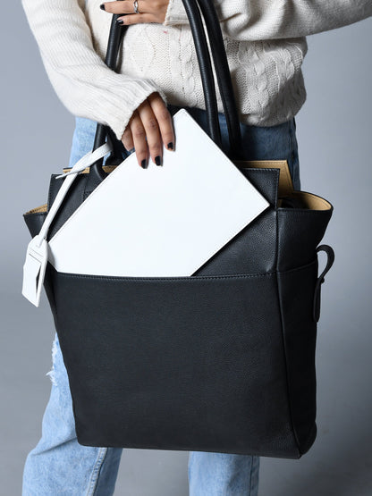 Black buffalo leather shopper tote with shoulder handles, view 2