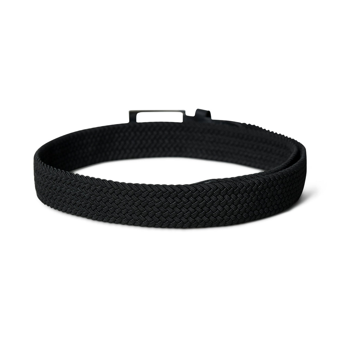 Black braided canvas and leather belt with buckle, view 4