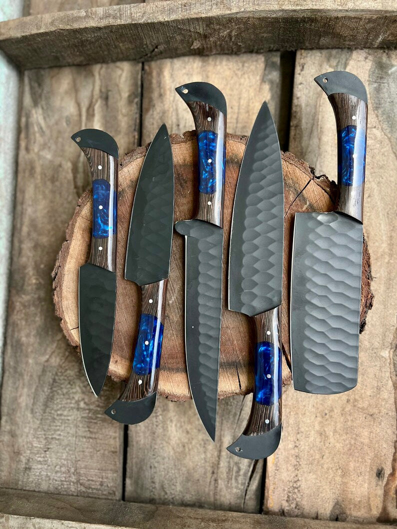 Damascus chef knife with wenge wood and epoxy resin handle and leather sheath