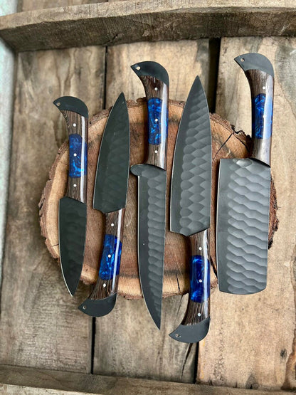 Damascus chef knife with wenge wood and epoxy resin handle and leather sheath