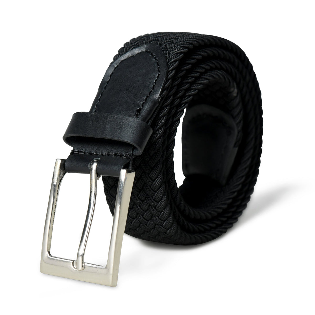Black braided canvas and leather belt with buckle