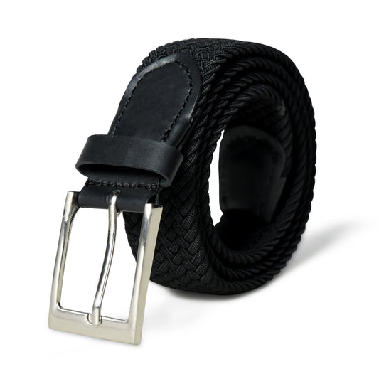 Black braided canvas and leather belt with buckle