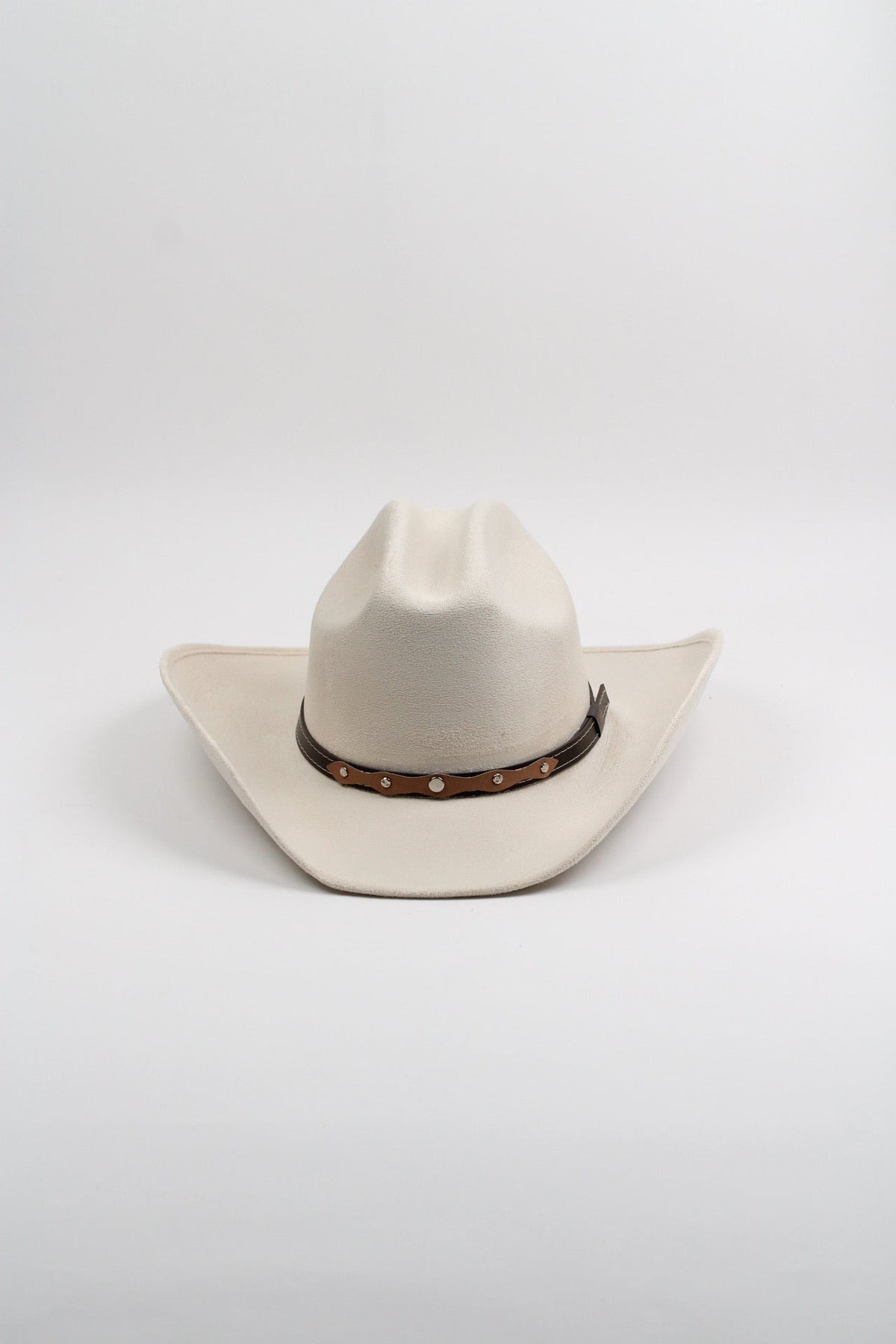 Ivory vegan suede cowboy hat with a lifted brim and faux leather band, view 3