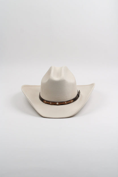 Ivory vegan suede cowboy hat with a lifted brim and faux leather band, view 3
