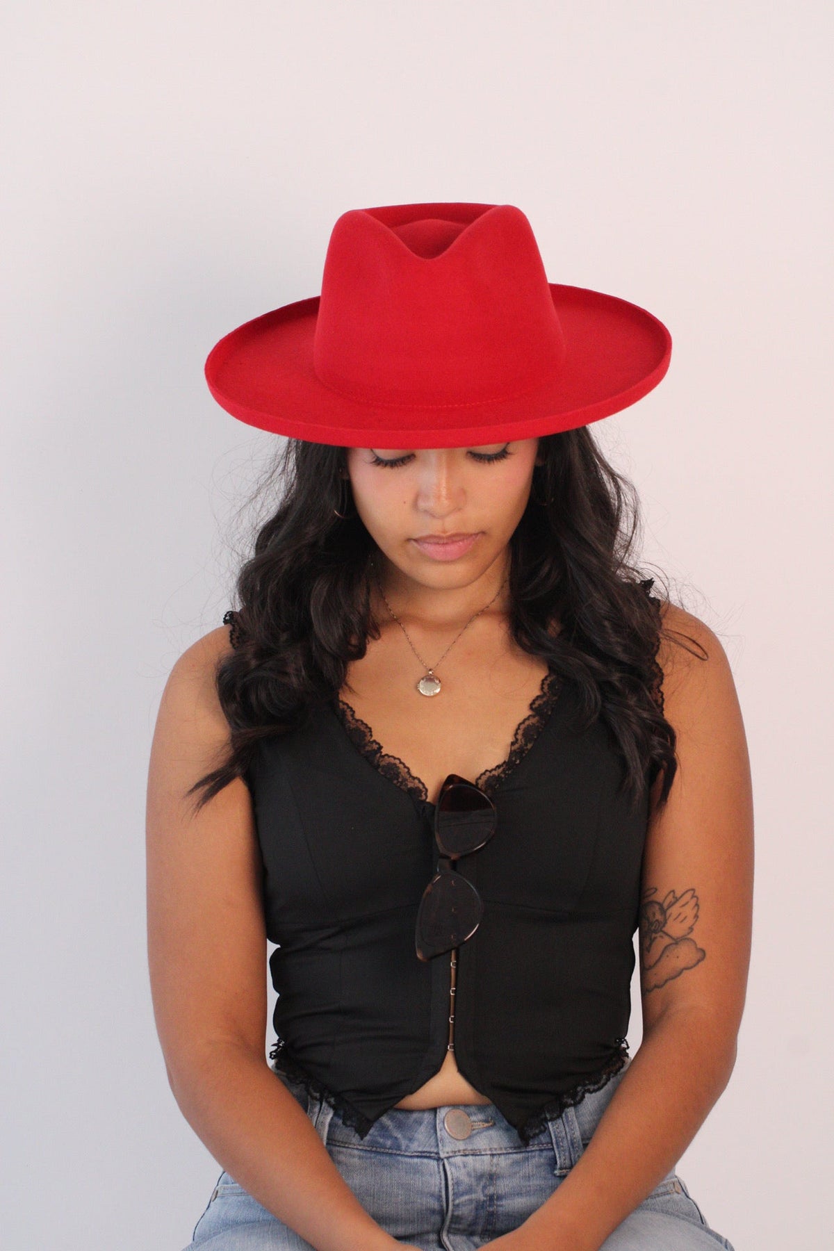 Cherry Red Pencil Brim Hat by Wilder and Soul, view 3