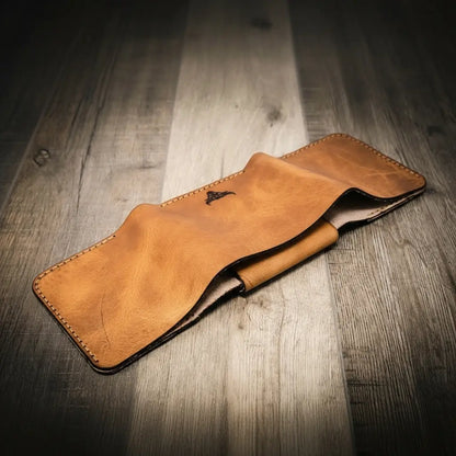 Saddle tan leather trifold badge wallet open to show badge slot and ID window, view 3