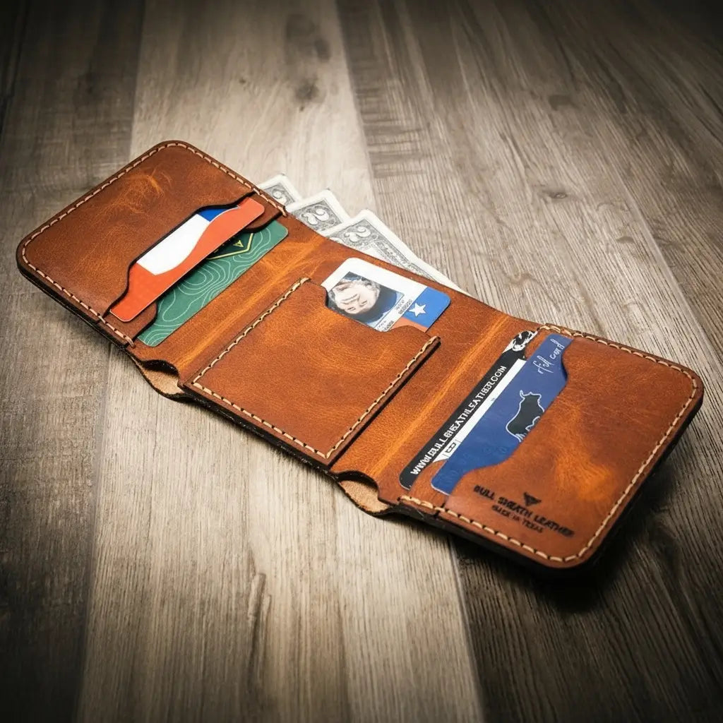 Trinity River Trifold Wallet in Chestnut Brown by Bull Sheath Leather
