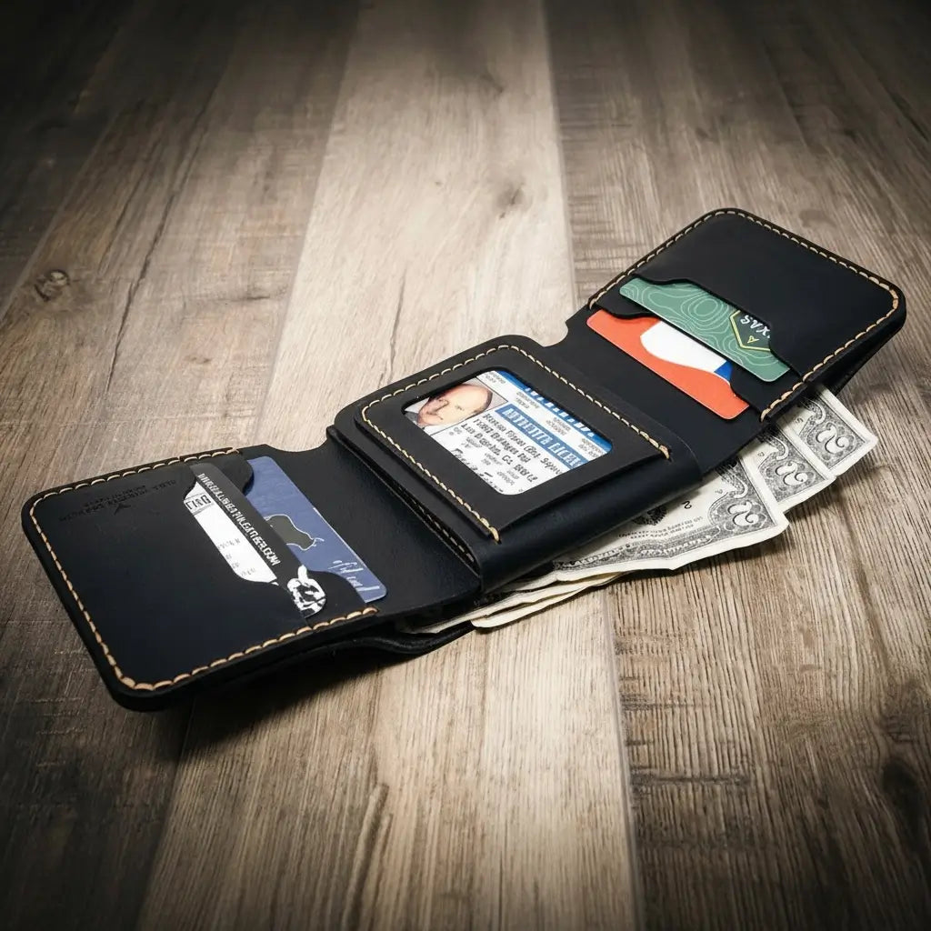 Long Shift Badge Trifold Wallet in Black by Bull Sheath Leather, view 5