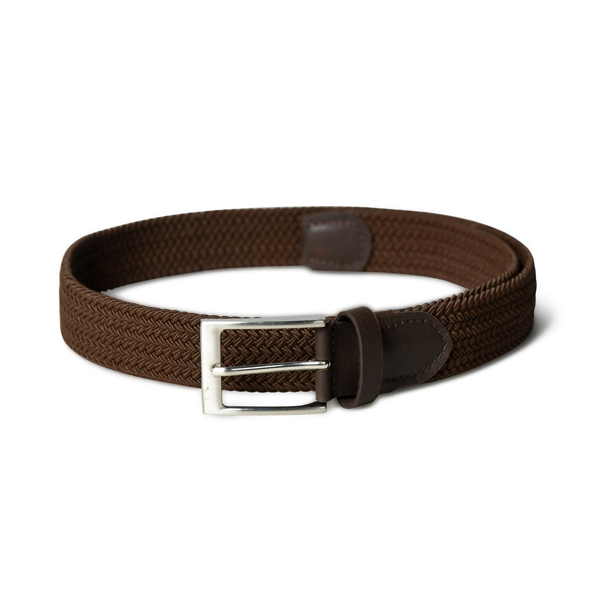 Dark brown braided canvas and leather belt with buckle, view 3