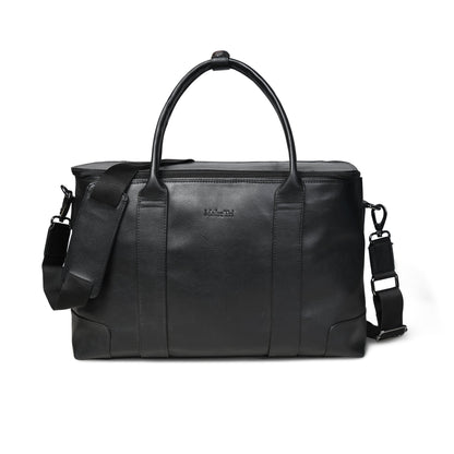 Black vegan leather convertible briefcase duffle with shoulder strap, view 4