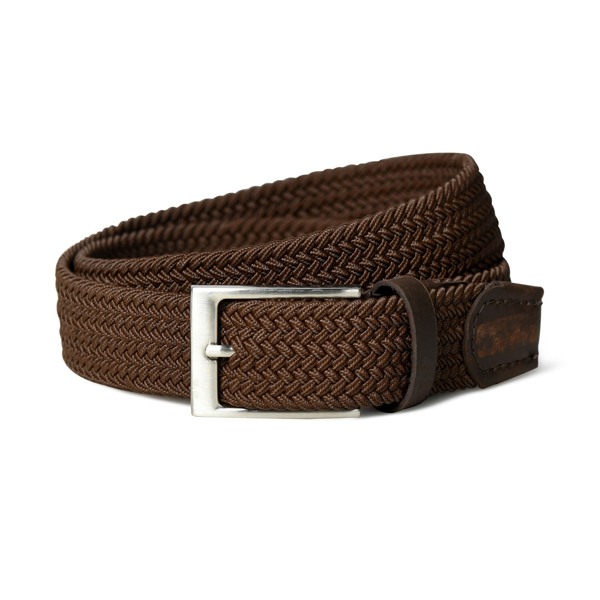 Dark brown braided canvas and leather belt with buckle, view 4