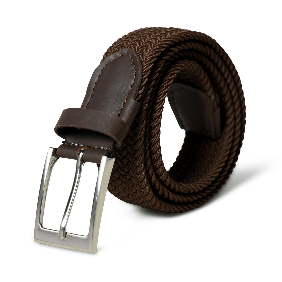 Dark brown braided canvas and leather belt with buckle
