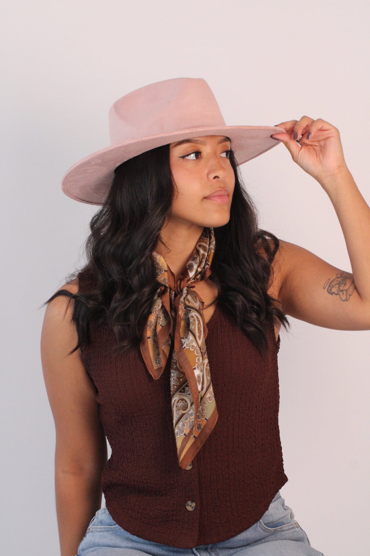 Pale dusty rose vegan suede rancher hat with a flat 3-inch brim, view 4
