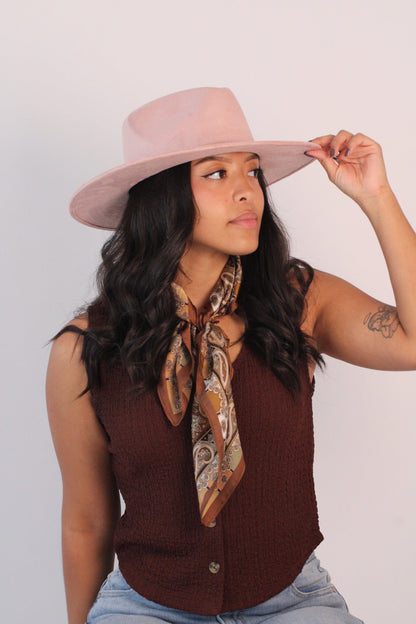 Pale dusty rose vegan suede rancher hat with a flat 3-inch brim, view 4
